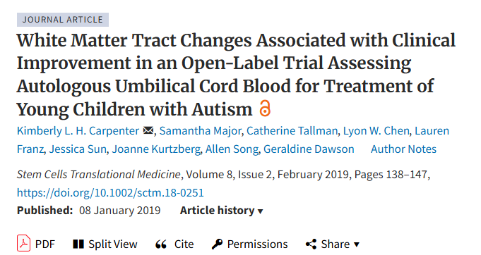 在一項(xiàng)評(píng)估自體臍帶血治療自閉癥幼兒的開(kāi)放標(biāo)簽試驗(yàn)中，白質(zhì)束變化與臨床改善相關(guān)