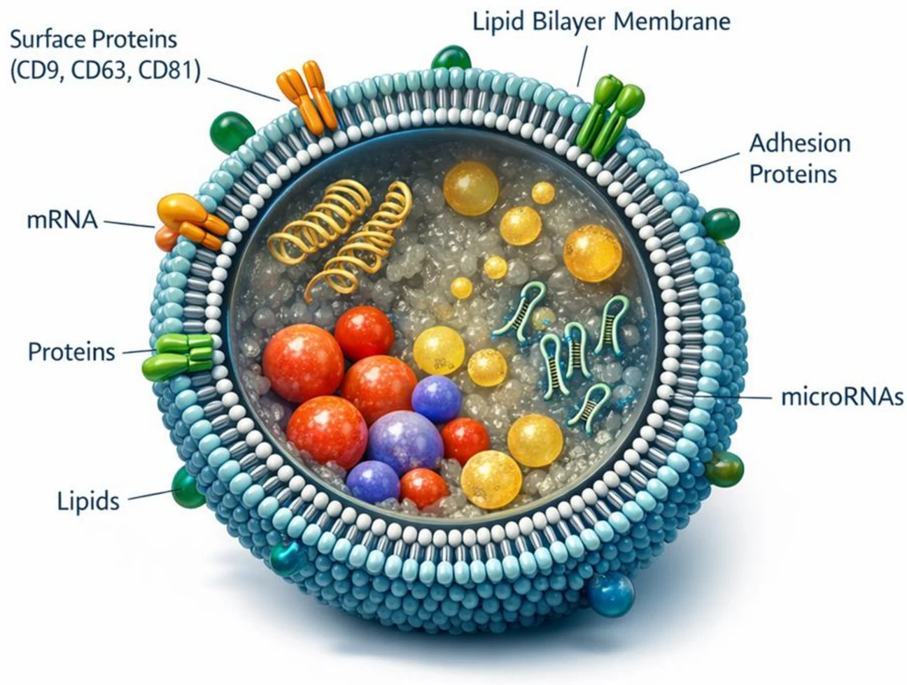 圖2：外泌體的結(jié)構(gòu)示意圖。該圖展示了脂質(zhì)雙層膜、表面蛋白（例如四跨膜蛋白CD9、CD63和CD81）以及內(nèi)部貨物，包括蛋白質(zhì)、脂質(zhì)、mRNA和microRNA。