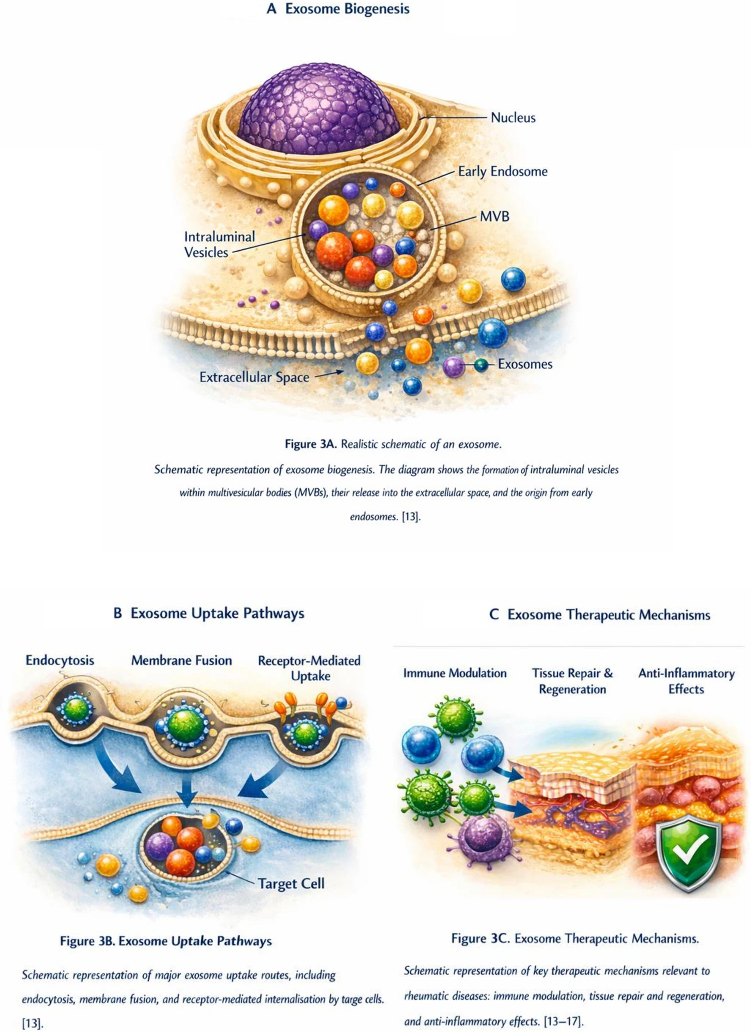 圖3：（A）外泌體生物發(fā)生。細胞產(chǎn)生外泌體的示意圖。（B）外泌體攝取途徑。主要外泌體攝取途徑的示意圖，包括胞吞作用、膜融合和靶細胞受體介導(dǎo)的內(nèi)吞作用。（C）外泌體治療機制。與風(fēng)濕性疾病相關(guān)的關(guān)鍵治療機制的示意圖：免疫調(diào)節(jié)、組織修復(fù)和再生以及抗炎作用。