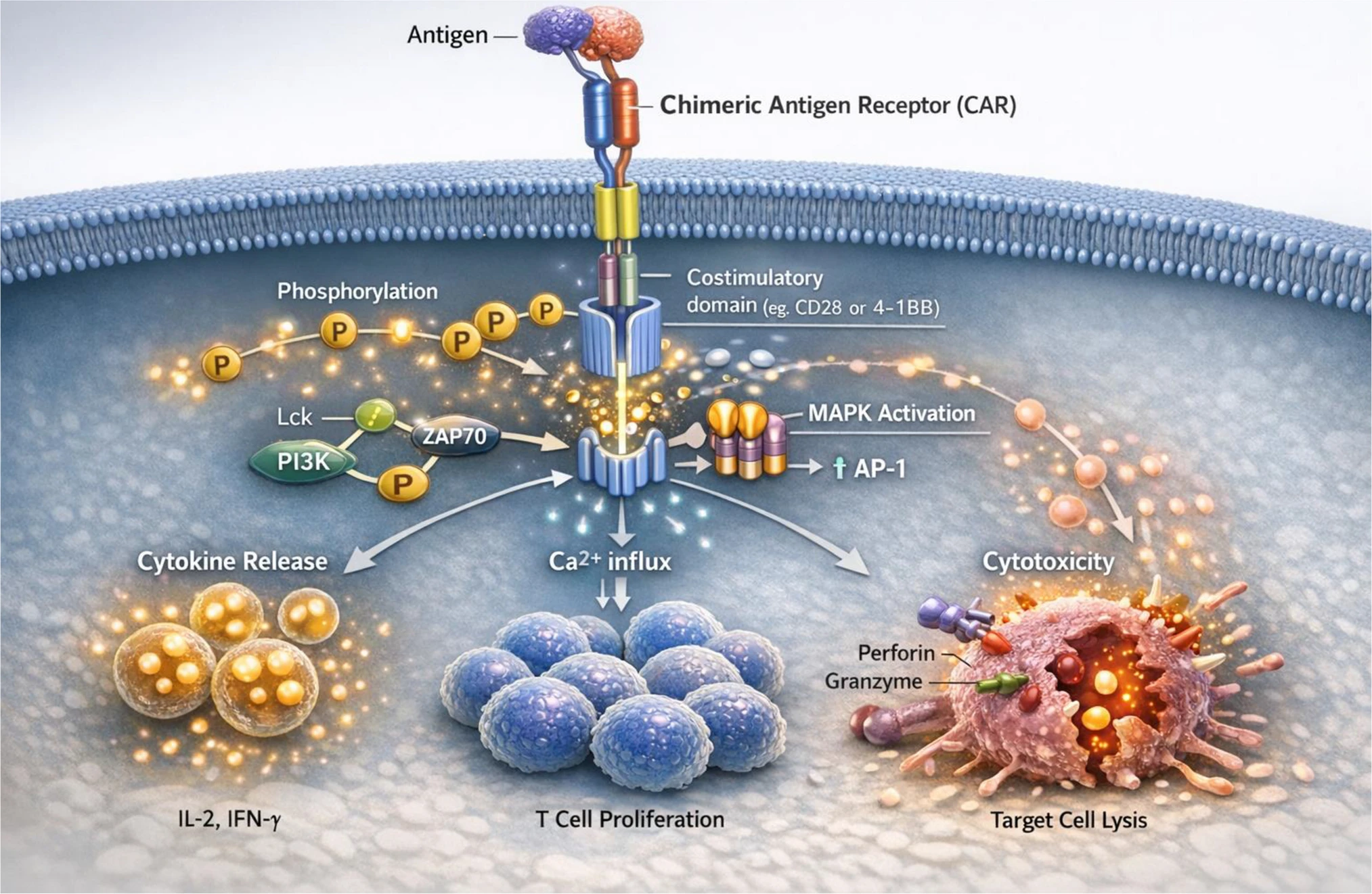 圖1：（A）嵌合抗原受體（CAR）-T細胞治療流程概述。該圖展示了四個主要步驟：T細胞采集、基因工程改造以構(gòu)建CAR-T細胞、擴增修飾后的細胞以及回輸至患者體內(nèi)。下半部分展示了靶向自身免疫細胞、破壞致病性免疫細胞以及由此產(chǎn)生的治療反應(yīng)。